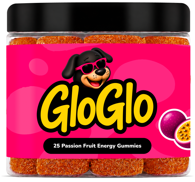 GloGlo passion fruit energy gummies jar